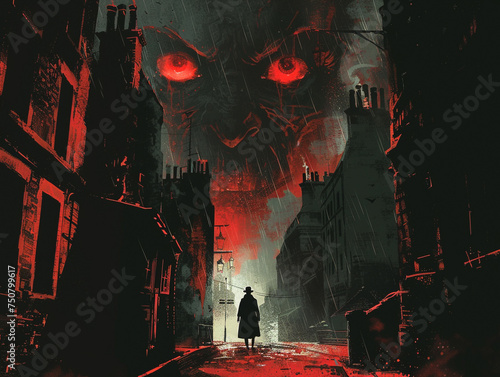 An incubus shadow looms over an unsuspecting town its Pulp Horror silhouette merging with the dark alleys eyes glowing red
