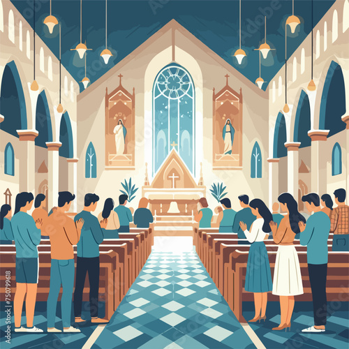 peoples praying in church and raise hand flat vector