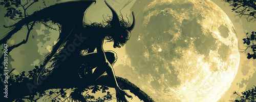 An imp causing mischief in a Pulp Horror scene silhouette against a full moon its cackle echoing through the night