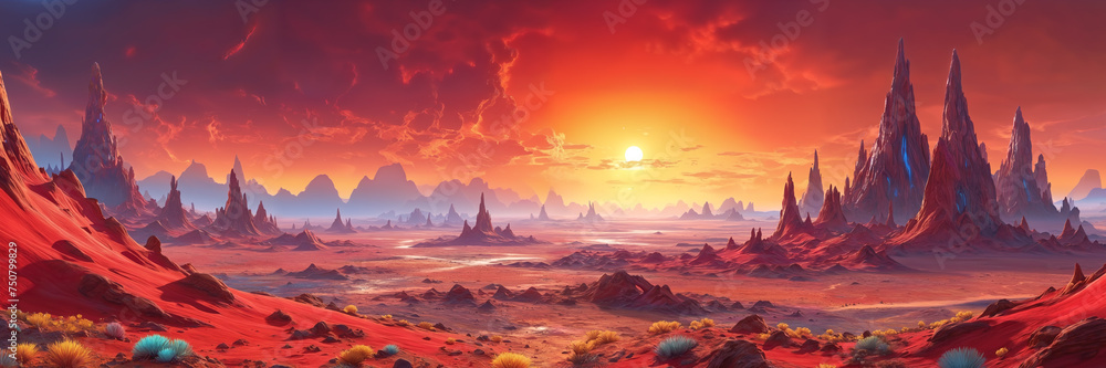 Surreal sunset scenery: a futuristic alien landscape with strange and bizarre rock formations, mountainous horizon, and colorful skies