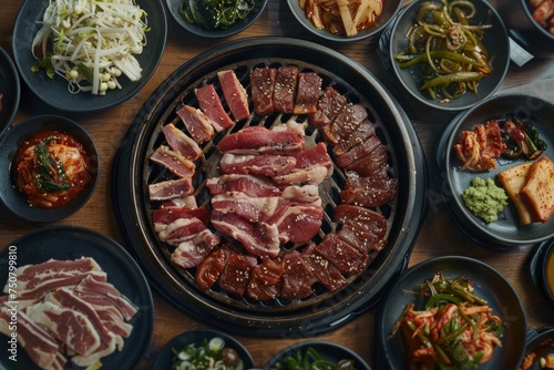 A feast for the senses with a Korean BBQ spread, featuring thinly sliced marinated meats sizzling on a hot grill, accompanied by an array of banchan (side dishes) such as kimchi,