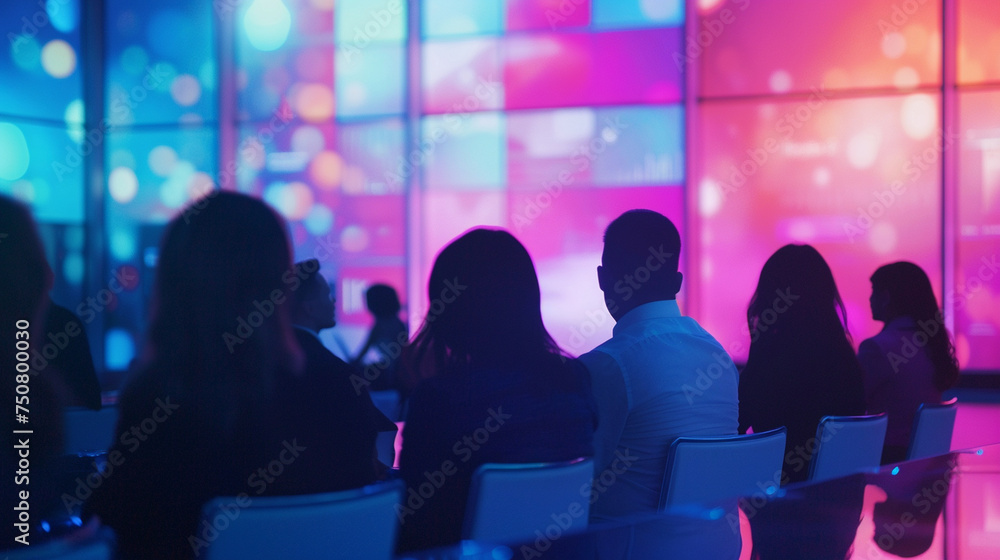 Obraz premium A group of business professionals gathered in a modern conference room, intently watching a dynamic presentation on a large screen, Leadership, Conference Event, blurred background