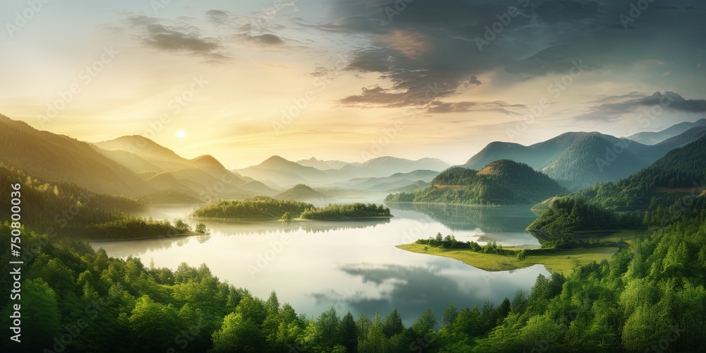 Beautiful landscape of green mountains and lake in the morning with sunrise sky. Nature landscape. Watershed forest. Water and forest sustainability concept. - obrazy, fototapety, plakaty 