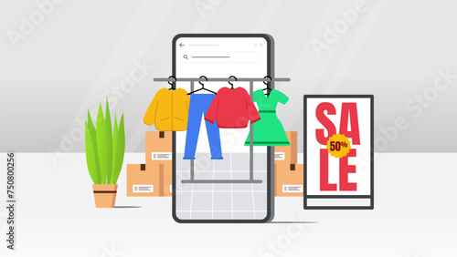 E Commerce sale vector illustration. E Commerce mobile app with clothes hanging and white gray background.