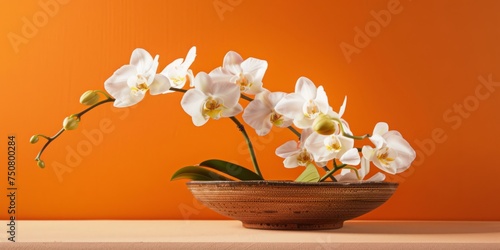 an orange background holds white orchids in a bowl on an upside down surface Generative AI