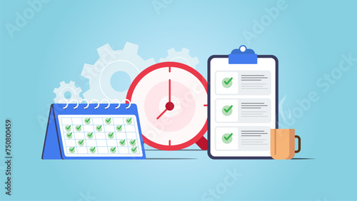 Time Scheduling vector illustration with calendar, clock and to do list element. Vector illustration with setting icon and blue background.