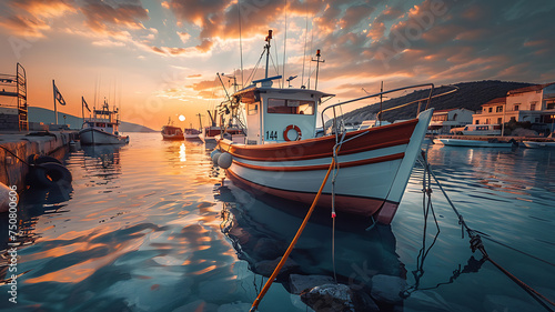 fishing boat in port at sunset photo