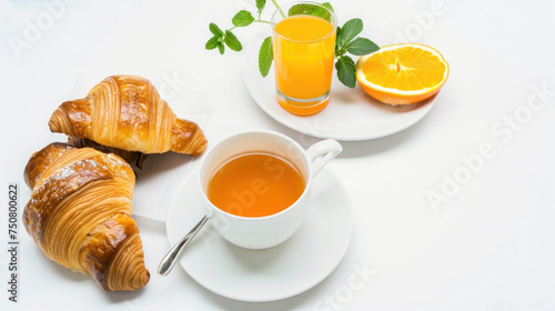 cup of tea, croissants and orange juice on a white table
