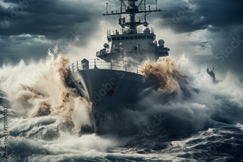 Dramatic representation. powerful warship sinking in intense sea battle amid turbulent waves