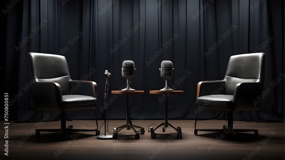 A broad banner for media discussions or podcast streaming designs including two chairs and microphones in an interview or podcast room isolated on a dark background A broad banner for media discussions or podcast streaming designs including two chairs and microphones in an interview or podcast room isolated on a dark background