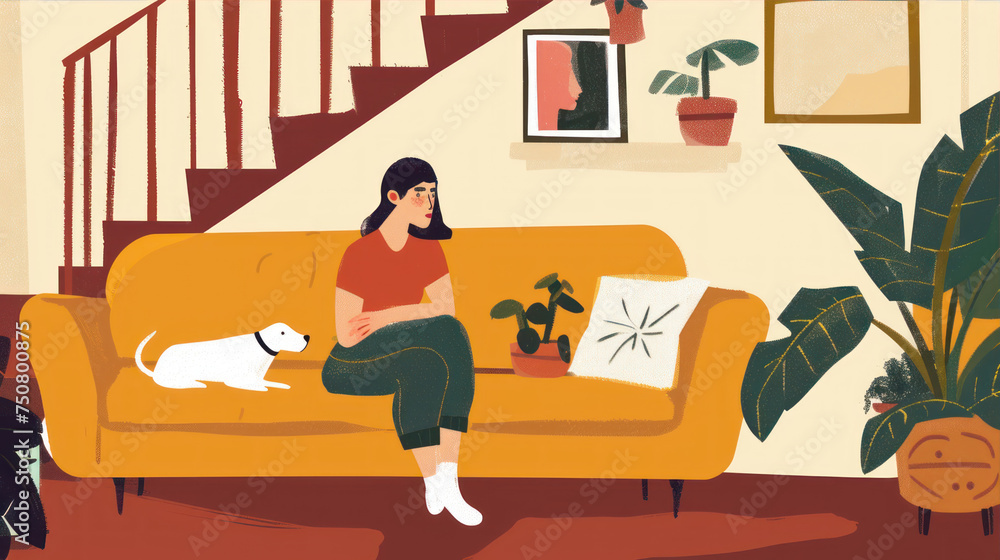 Illustration in minimalistic style. A girl sits on the sofa with her dog
Illustration in minimalistic style. A girl sits on the sofa with her dog