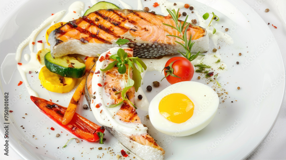 Grilled fish steak on a plate with vegetables and egg
Grilled fish steak on a plate with vegetables and egg