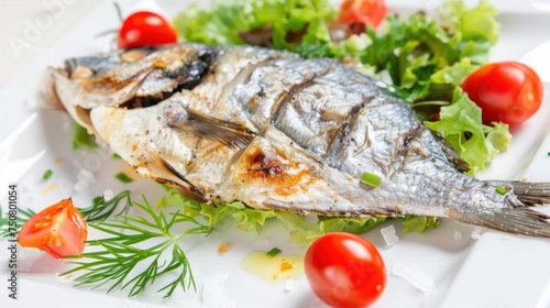 Fried fish on a plate with herbs 