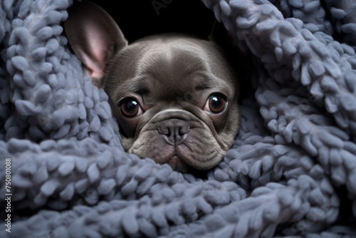 Adorable french bulldog snuggled up in cozy blanket for maximum comfort and warmth