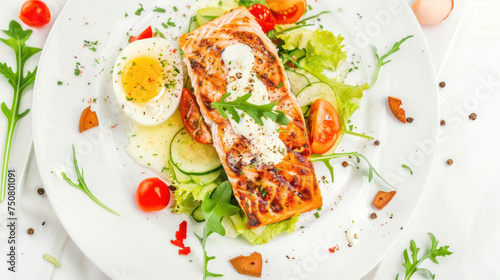 Grilled fish steak on a plate with vegetables and egg
