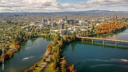 Aerial view of cityscape in autumn, Melbourne, Australia. Aerial drone panoramic view looking at Victoria Bridge over the Waikato River as it cuts through the city of Hamilton, AI Generated photo