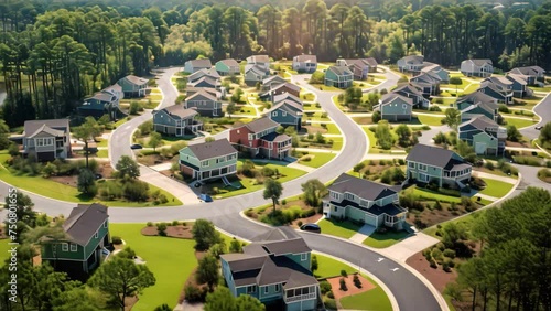 Aerial view of a suburban neighborhood in the United States of America. Aerial view of cul de sac at neighbourhood road dead end with built homes in South Carolina residential area, AI Generated photo
