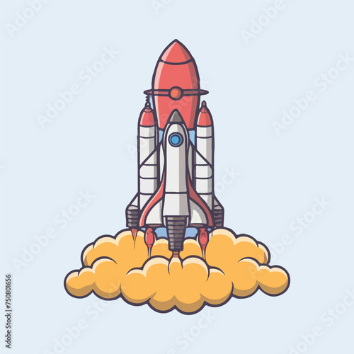 Vector cartoon rocket flying space rocket in space around the planets Spaceship launch.