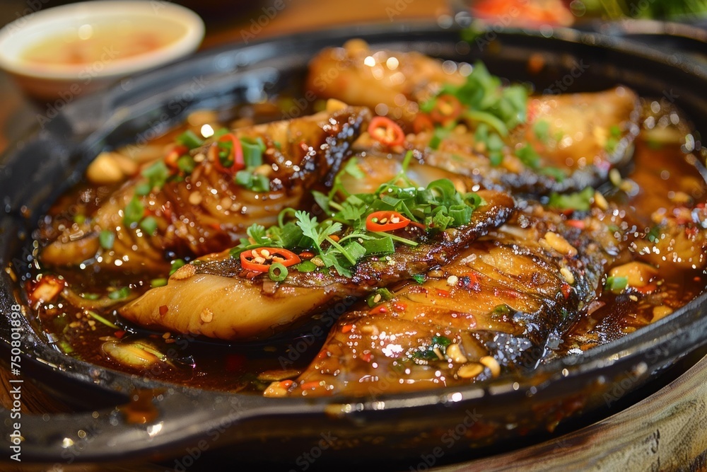 A sizzling plate of Vietnamese Caramelized Clay Pot Fish, presenting tender fish fillets simmered in a savory caramel sauce with garlic, ginger, and fish sauce - obrazy, fototapety, plakaty 