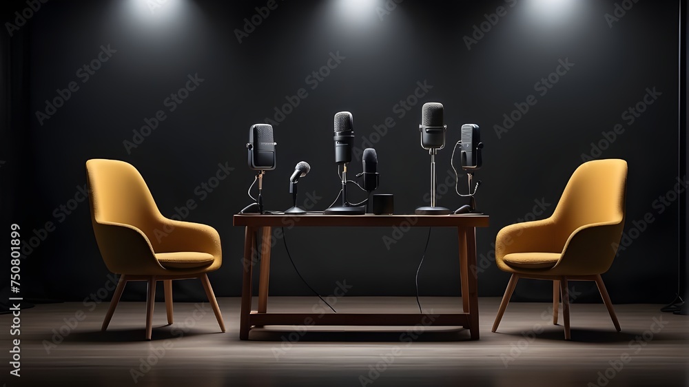 A broad banner for media discussions or podcast streaming designs including two chairs and microphones in an interview or podcast room isolated on a dark background A broad banner for media discussions or podcast streaming designs including two chairs and microphones in an interview or podcast room isolated on a dark background