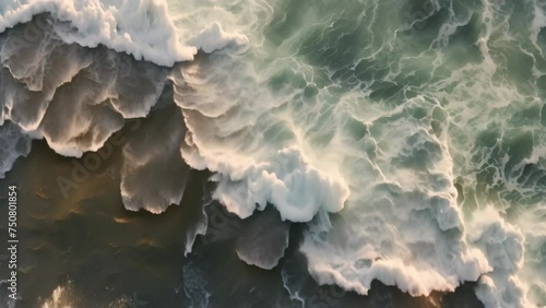 Aerial view of ocean waves breaking on the beach. Top view, Aerial view of waves on black sand beach, AI Generated photo