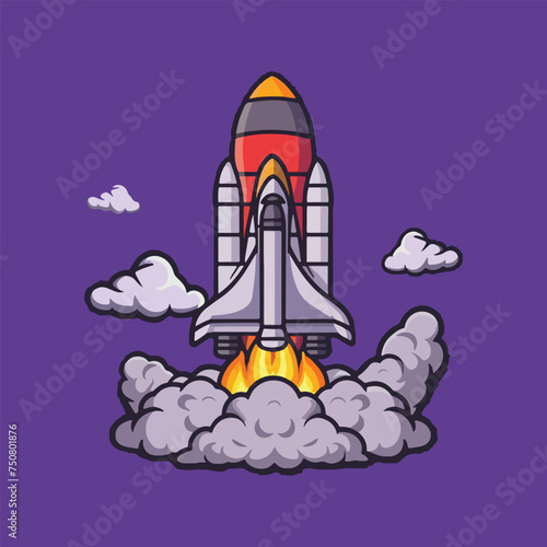 Fototapeta Naklejka Na Ścianę i Meble -  Vector cartoon rocket flying space rocket in space around the planets Spaceship launch.