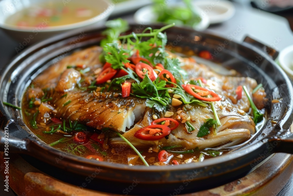 A sizzling plate of Vietnamese Caramelized Clay Pot Fish, presenting tender fish fillets simmered in a savory caramel sauce with garlic, ginger, and fish sauce A sizzling plate of Vietnamese Caramelized Clay Pot Fish, presenting tender fish fillets simmered in a savory caramel sauce with garlic, ginger, and fish sauce