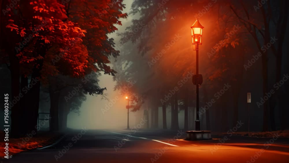 Foggy street lamp in the autumn park. 3d rendering, An empty illuminated country asphalt road through the trees and village in a fog on a rainy autumn day, AI Generated Foggy street lamp in the autumn park. 3d rendering, An empty illuminated country asphalt road through the trees and village in a fog on a rainy autumn day, AI Generated