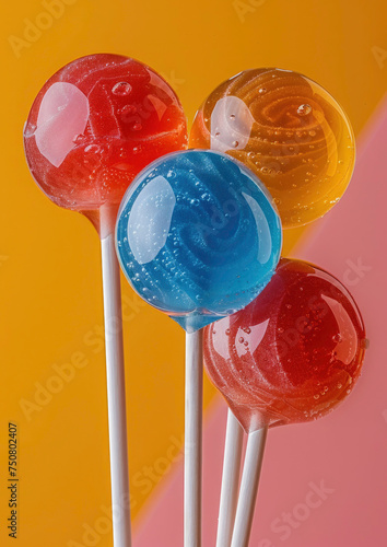 Dynamic shot of lollipops seemingly suspended in mid-air, bright and bold colors photo