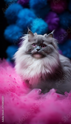 Close-up photo of an adorable fluffy kitten with a vibrant and colorful background