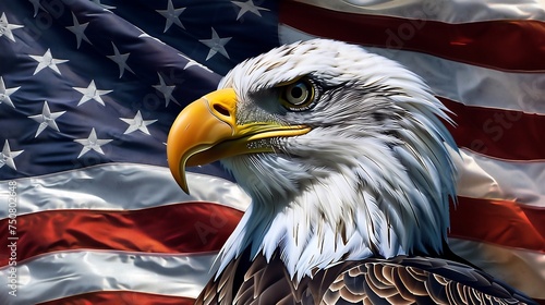 portrait of an eagle on the background of the American flag