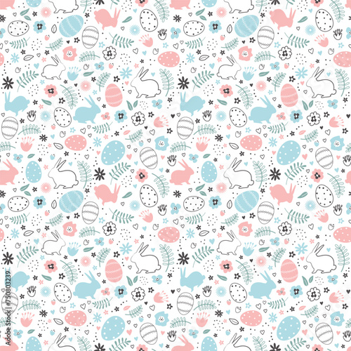 Easter background. Seamless pattern with Easter bunnies, eggs, flowers, hearts, leaves. Happy Easter Abstract design. Vector illustration on white