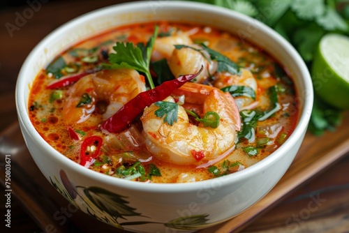 A tantalizing bowl of Tom Yum soup, brimming with vibrant colors of lemongrass, chili peppers, and succulent shrimp, offering a burst of spicy and sour flavors