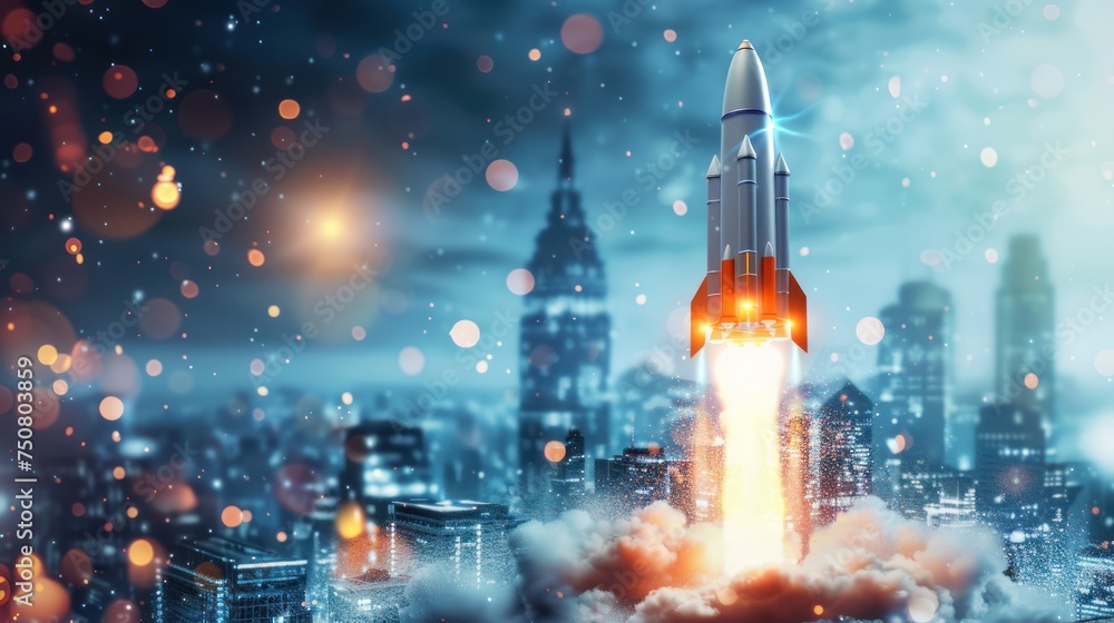 Startup business concept, a white rocket is launching and soaring flying to the sky for growth business, Fast business success. Network connection on city background.
