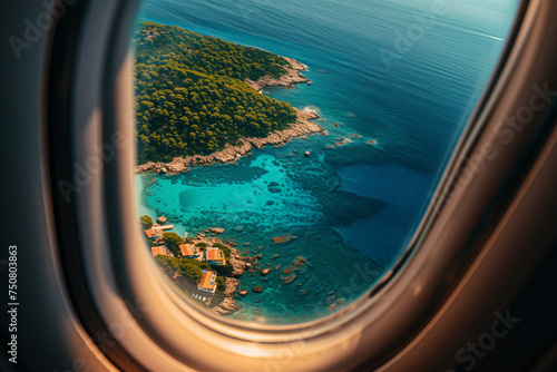 View from an airplane window with a breathtaking view of the tropical island and sea