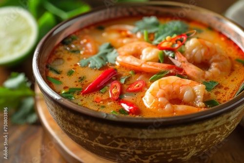 A tantalizing bowl of Tom Yum soup, brimming with vibrant colors of lemongrass, chili peppers, and succulent shrimp, offering a burst of spicy and sour flavors