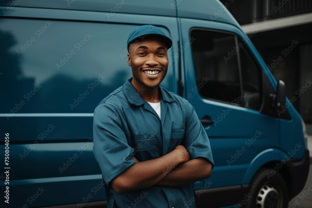 Smiling delivery man in blue uniform standing in front of a blue van. Smiling delivery man in blue uniform standing in front of a blue van.
