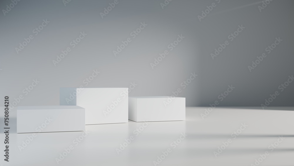 White empty podium or pedestal for product presentation, showcase of beauty and cosmetics product. Mockup platform on blue background. 3d rendering White empty podium or pedestal for product presentation, showcase of beauty and cosmetics product. Mockup platform on blue background. 3d rendering
