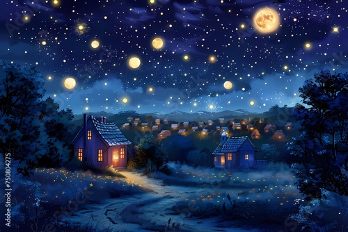 houses in a village under a cartoon background of bright stars