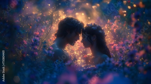 A fantasy scene of the moment before a couple in love kisses. The concept of tender feelings between a man and a woman. Showing attention through a loving gaze. Love forever.