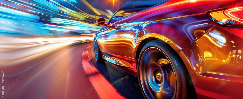 Dynamic Night Drive: A vibrant shot of a speeding car illuminated by city lights, showing movement and energy