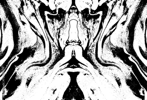 Abstract liquid background. Monochrome symmetrical texture with a fictional character's face. Abstract marble texture in black and white as grunge background.