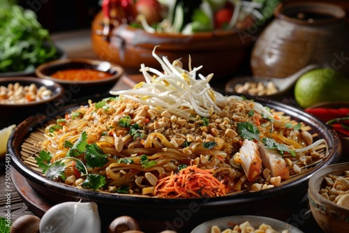 An exquisite platter of Pad Thai, adorned with a colorful array of stir-fried noodles, crunchy peanuts, fresh bean sprouts, and tender slices of chicken