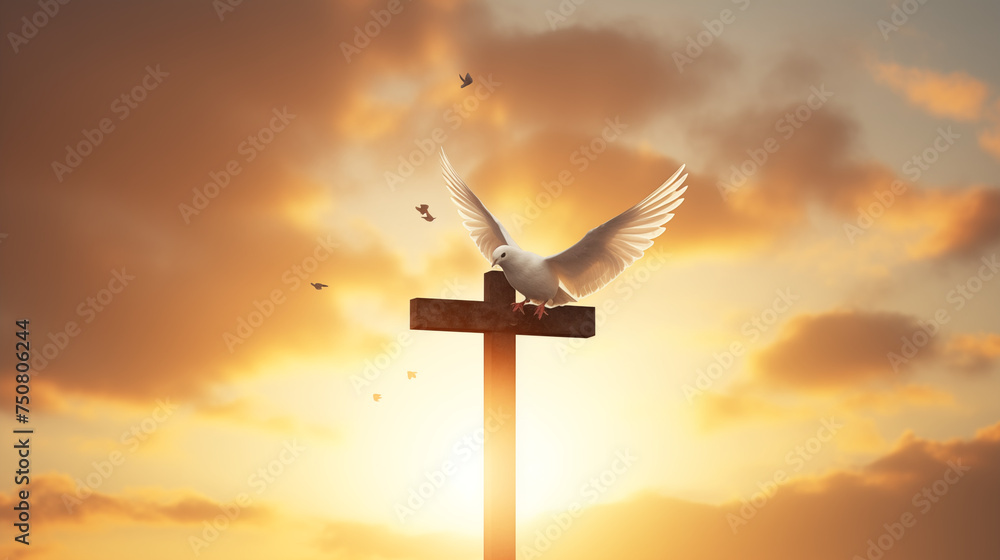 Obraz premium Peaceful Dove on a Cross Silhouette Against a Glowing Sunset Sky