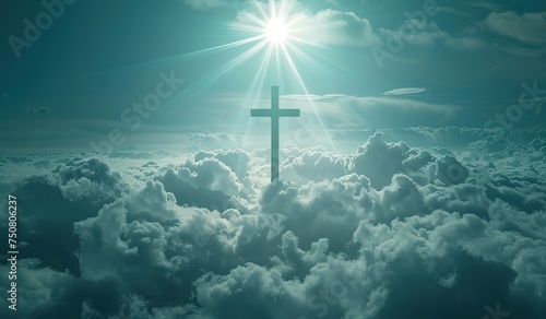 Silhouette of a cross among the clouds: spiritual peace and hope