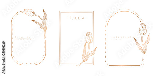Set of frame templates in minimal linear style with hand drawn tulips. Elegant tulip border. Floral vector illustration for labels, corporate identity, wedding invitation, logo, save the date.
