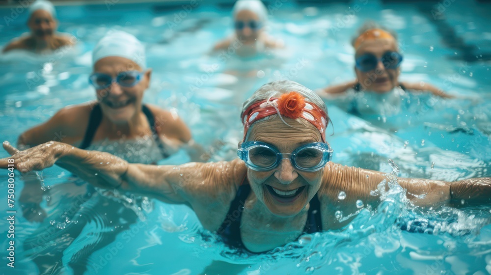 Senior women enjoying an aqua aerobics class in a swimming pool. Lifestyle photography capturing active aging and community exercise classes