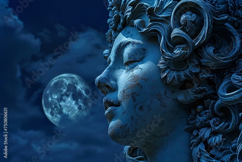 a statue of a woman with a moon in the background