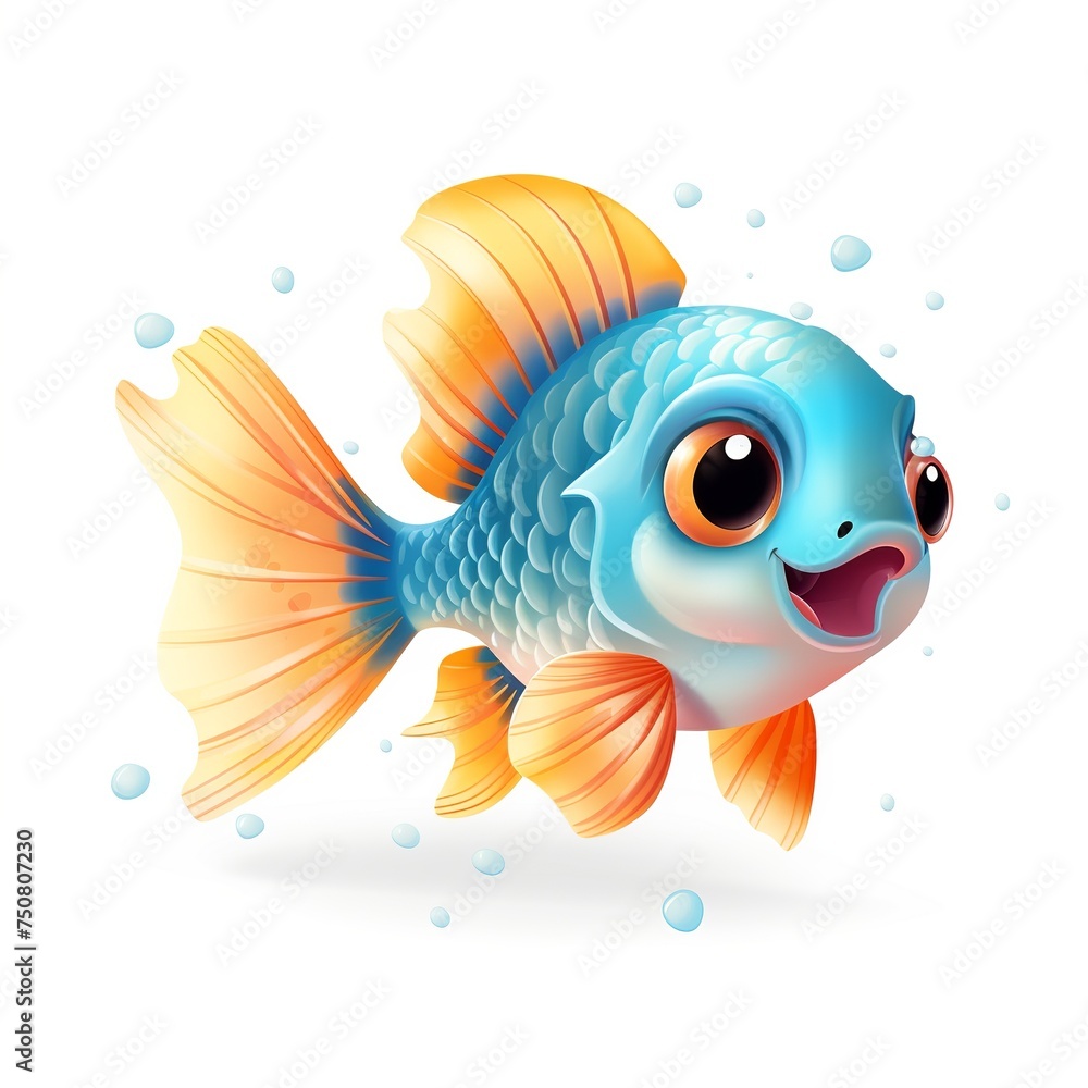 Vector illustration of cute cartoon fish with prominent big eyes isolated on white background.
