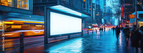 Advertising marquee, panel, frame at city center bus station with blank space for text or image on moving blur background and bokeh lights. Ai generated